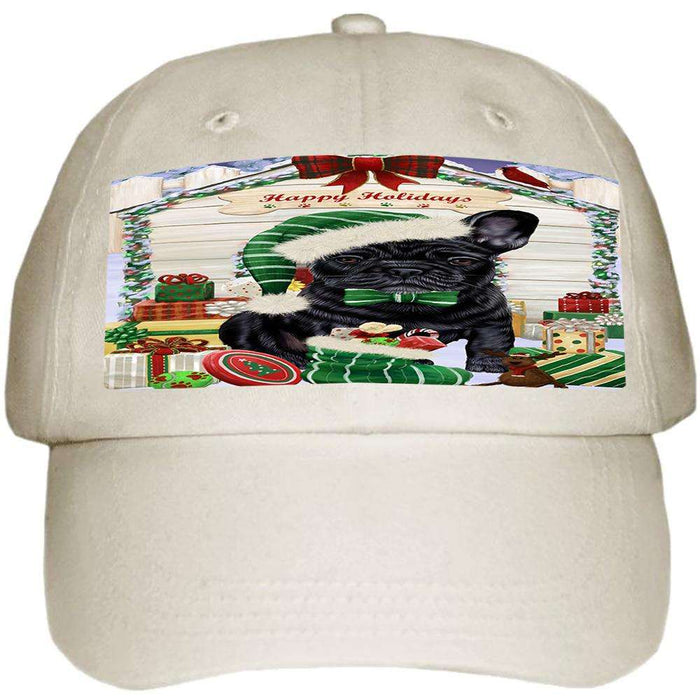 Happy Holidays Christmas French Bulldog House with Presents Ball Hat Cap HAT57972