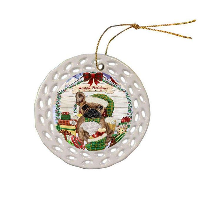 Happy Holidays Christmas French Bulldog House with Presents Ceramic Doily Ornament DPOR51412