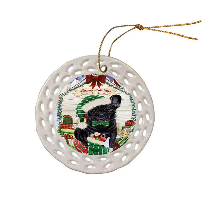 Happy Holidays Christmas French Bulldog House with Presents Ceramic Doily Ornament DPOR51413