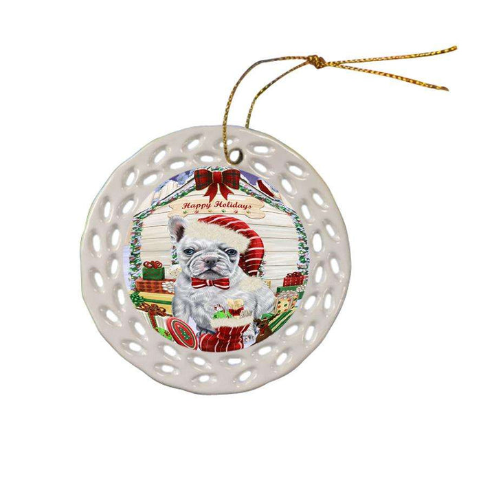 Happy Holidays Christmas French Bulldog House with Presents Ceramic Doily Ornament DPOR51415