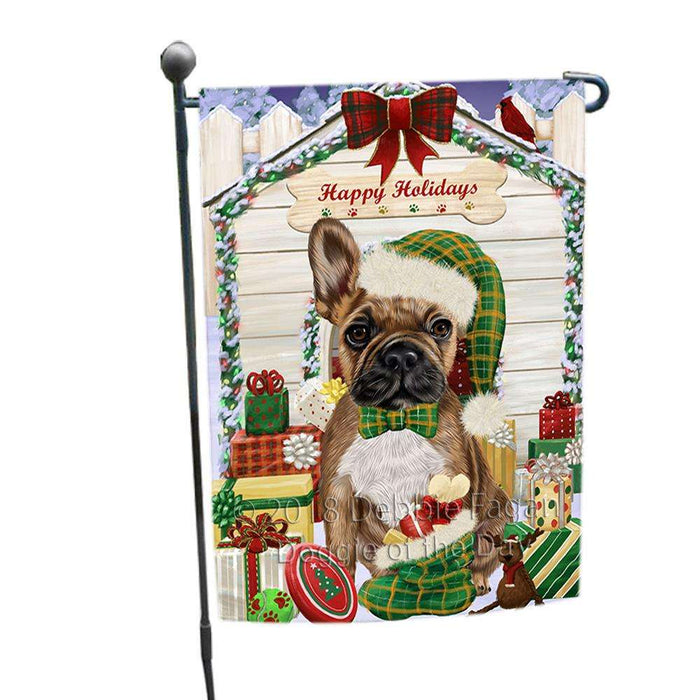Happy Holidays Christmas French Bulldog House with Presents Garden Flag GFLG51349