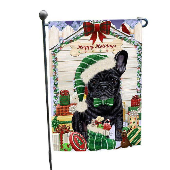 Happy Holidays Christmas French Bulldog House with Presents Garden Flag GFLG51350