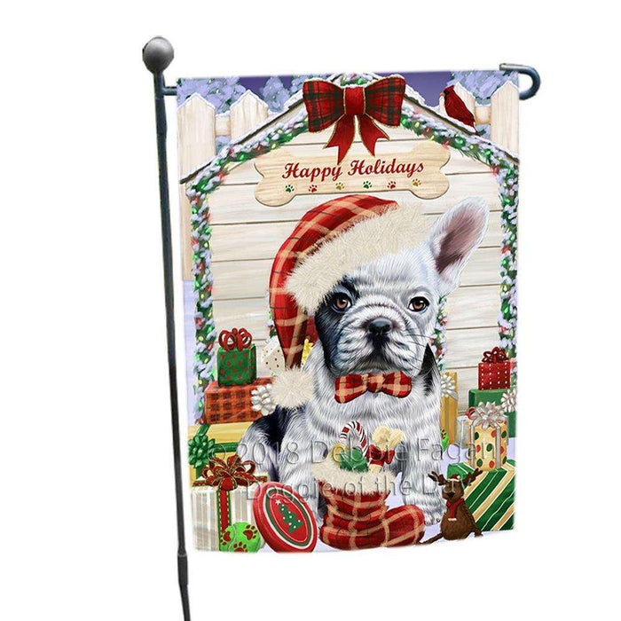 Happy Holidays Christmas French Bulldog House with Presents Garden Flag GFLG51351