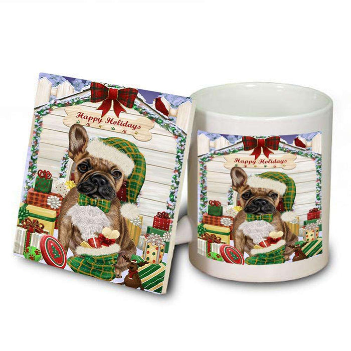 Happy Holidays Christmas French Bulldog House with Presents Mug and Coaster Set MUC51404