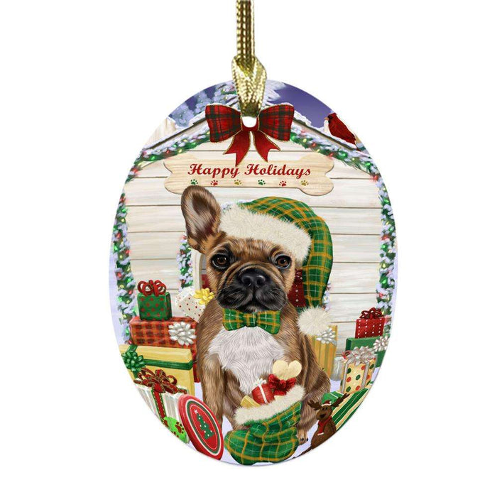 Happy Holidays Christmas French Bulldog House With Presents Oval Glass Christmas Ornament OGOR49862