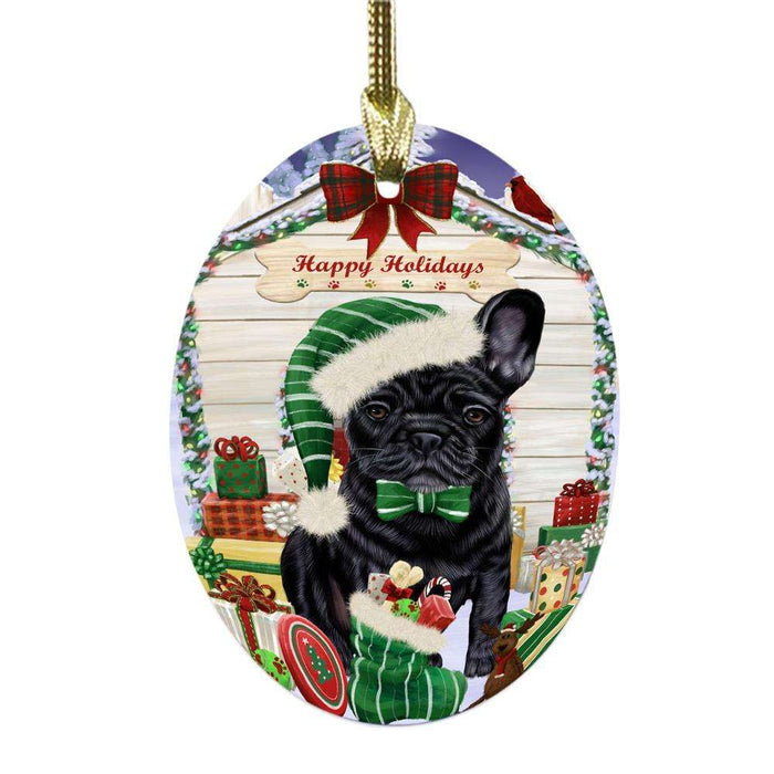 Happy Holidays Christmas French Bulldog House With Presents Oval Glass Christmas Ornament OGOR49863