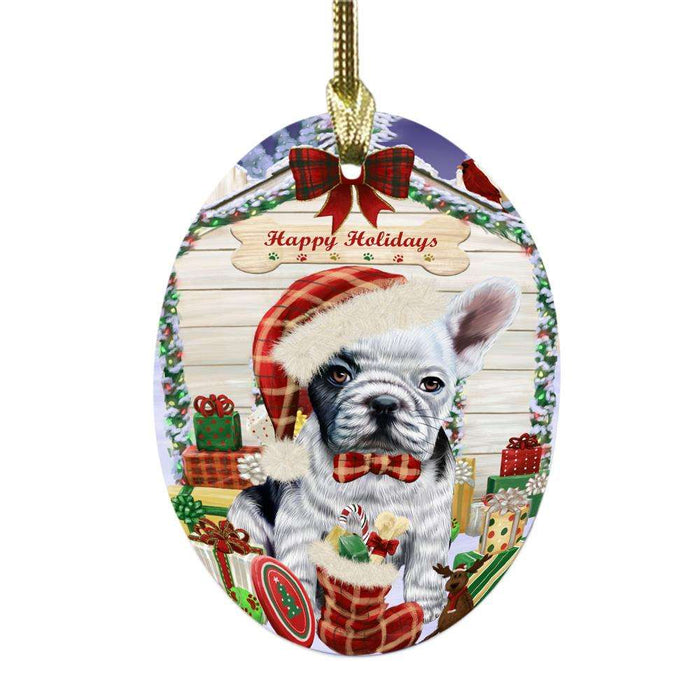 Happy Holidays Christmas French Bulldog House With Presents Oval Glass Christmas Ornament OGOR49864