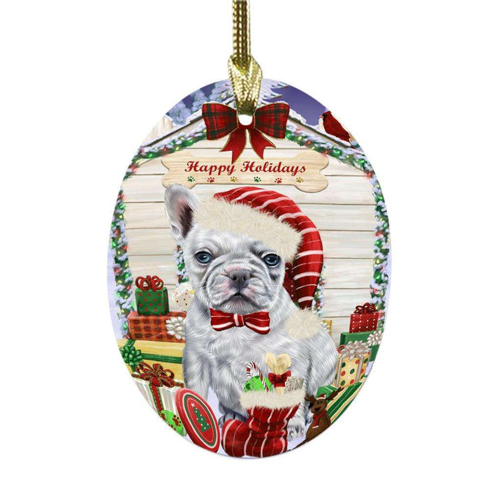 Happy Holidays Christmas French Bulldog House With Presents Oval Glass Christmas Ornament OGOR49865