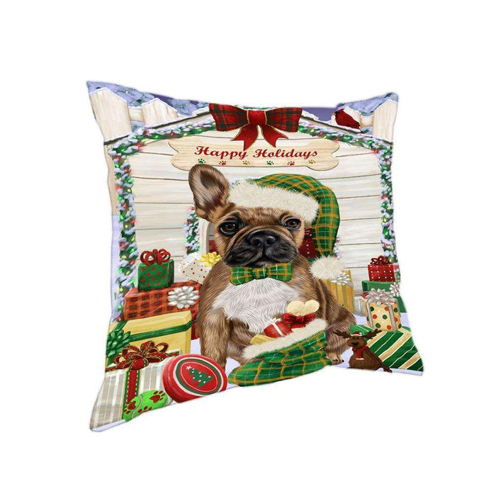 Happy Holidays Christmas French Bulldog House with Presents Pillow PIL61772
