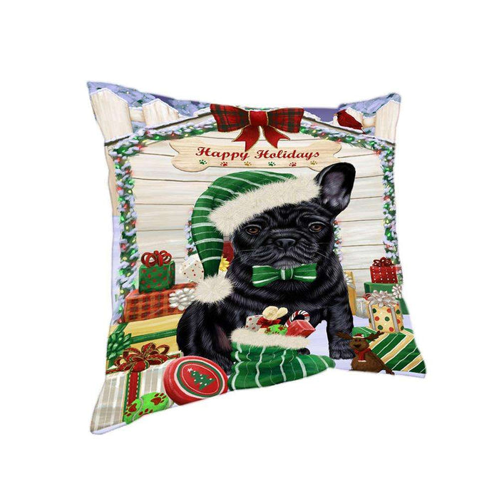 Happy Holidays Christmas French Bulldog House with Presents Pillow PIL61776