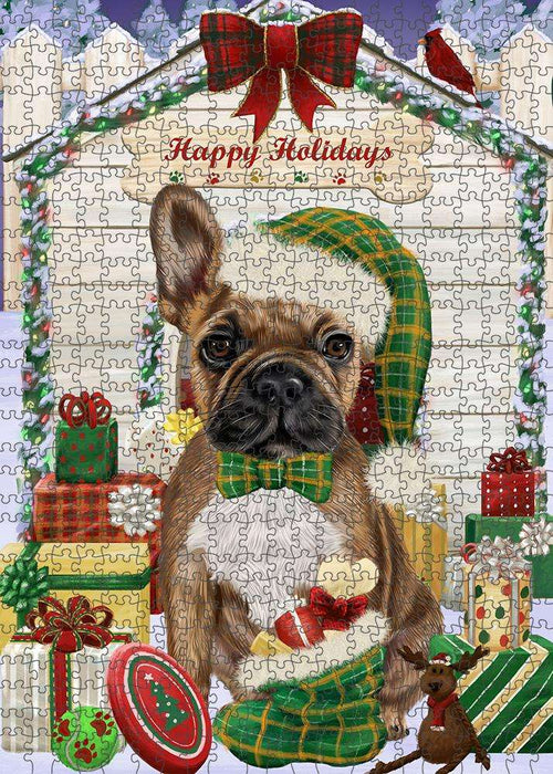 Happy Holidays Christmas French Bulldog House with Presents Puzzle with Photo Tin PUZL58143