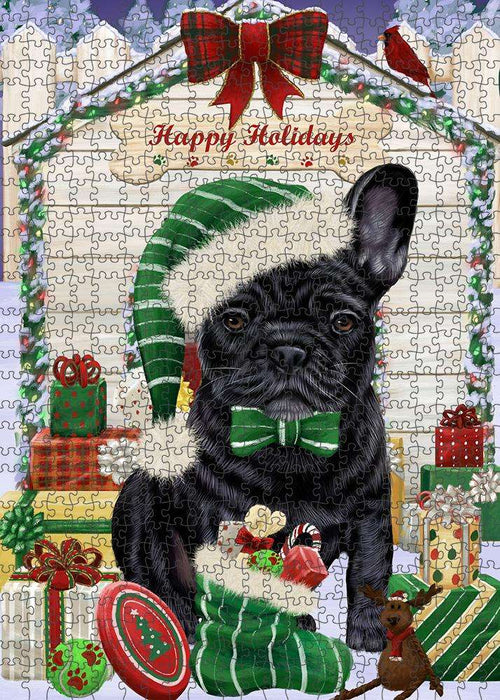 Happy Holidays Christmas French Bulldog House with Presents Puzzle with Photo Tin PUZL58146