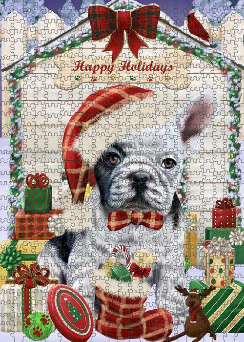 Happy Holidays Christmas French Bulldog House with Presents Puzzle with Photo Tin PUZL58149
