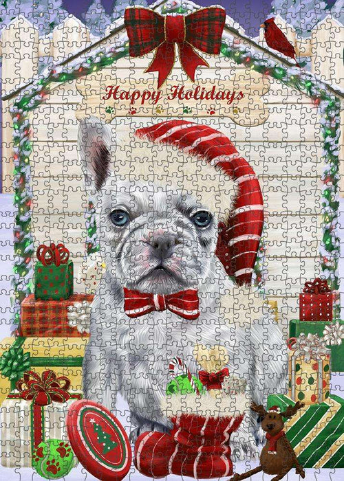 Happy Holidays Christmas French Bulldog House with Presents Puzzle with Photo Tin PUZL58152