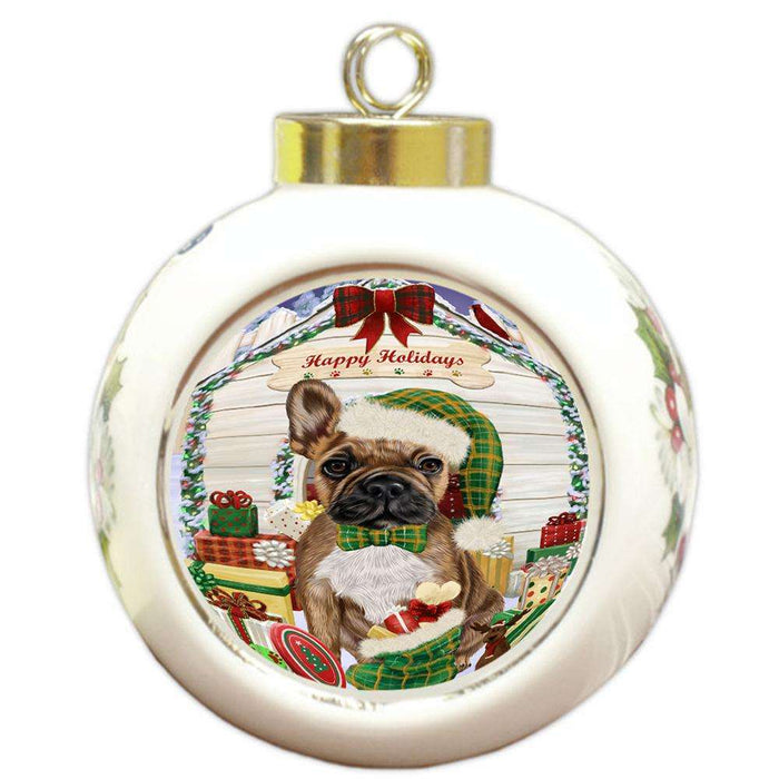 Happy Holidays Christmas French Bulldog House with Presents Round Ball Christmas Ornament RBPOR51412