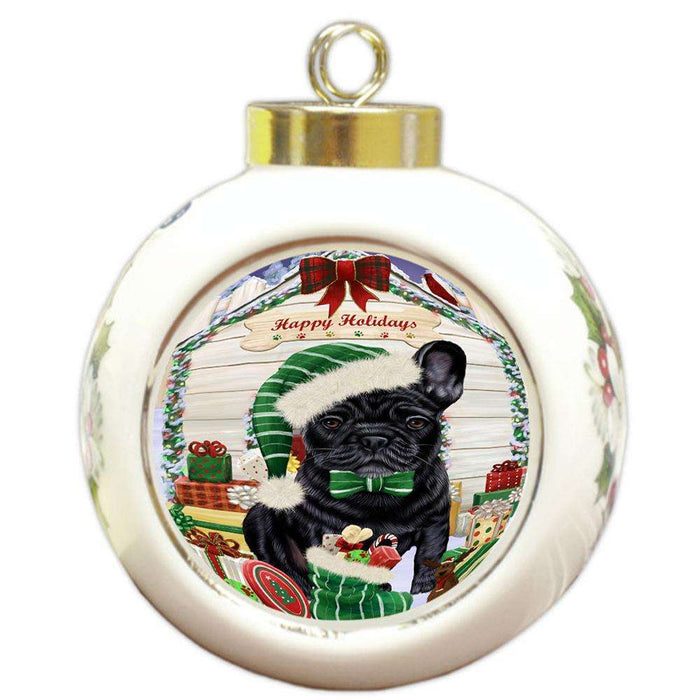 Happy Holidays Christmas French Bulldog House with Presents Round Ball Christmas Ornament RBPOR51413