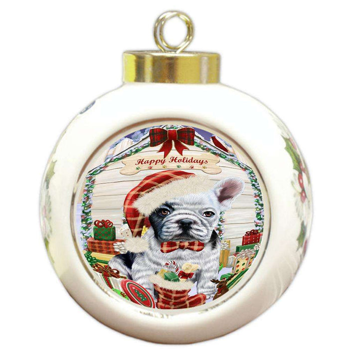 Happy Holidays Christmas French Bulldog House with Presents Round Ball Christmas Ornament RBPOR51414
