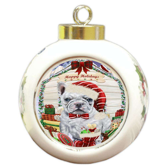 Happy Holidays Christmas French Bulldog House with Presents Round Ball Christmas Ornament RBPOR51415