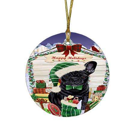 Happy Holidays Christmas French Bulldog House with Presents Round Flat Christmas Ornament RFPOR51404