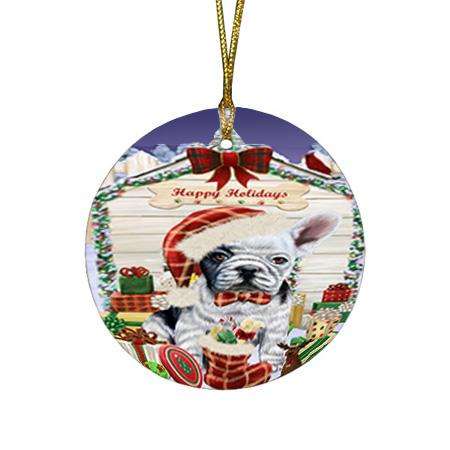 Happy Holidays Christmas French Bulldog House with Presents Round Flat Christmas Ornament RFPOR51405