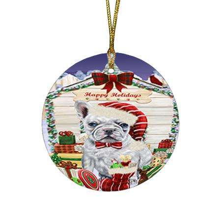 Happy Holidays Christmas French Bulldog House with Presents Round Flat Christmas Ornament RFPOR51406