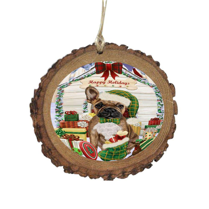 Happy Holidays Christmas French Bulldog House With Presents Wooden Christmas Ornament WOR49862