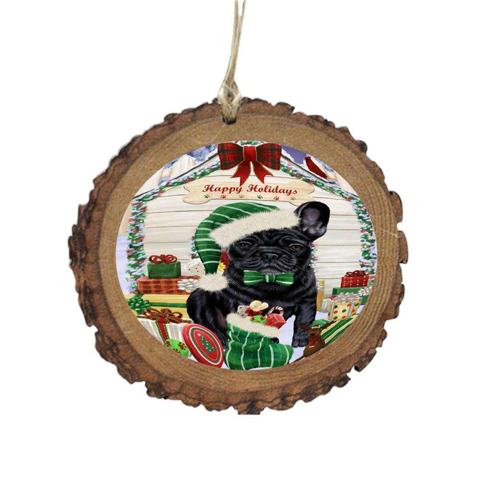 Happy Holidays Christmas French Bulldog House With Presents Wooden Christmas Ornament WOR49863