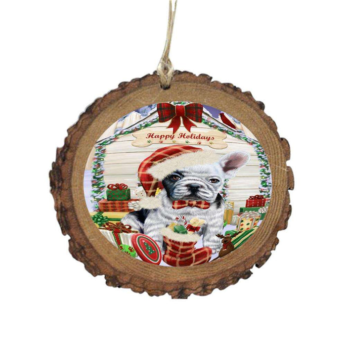 Happy Holidays Christmas French Bulldog House With Presents Wooden Christmas Ornament WOR49864