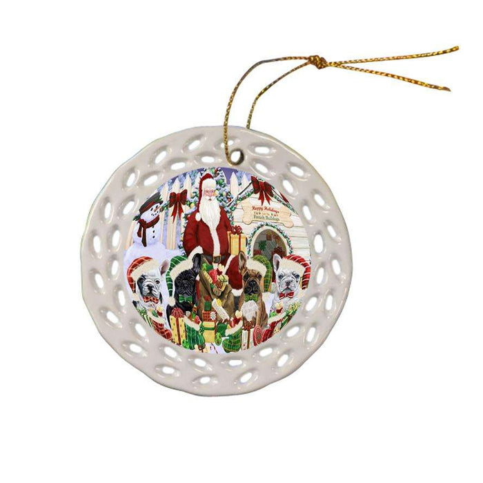 Happy Holidays Christmas French Bulldogs House Gathering Ceramic Doily Ornament DPOR51451
