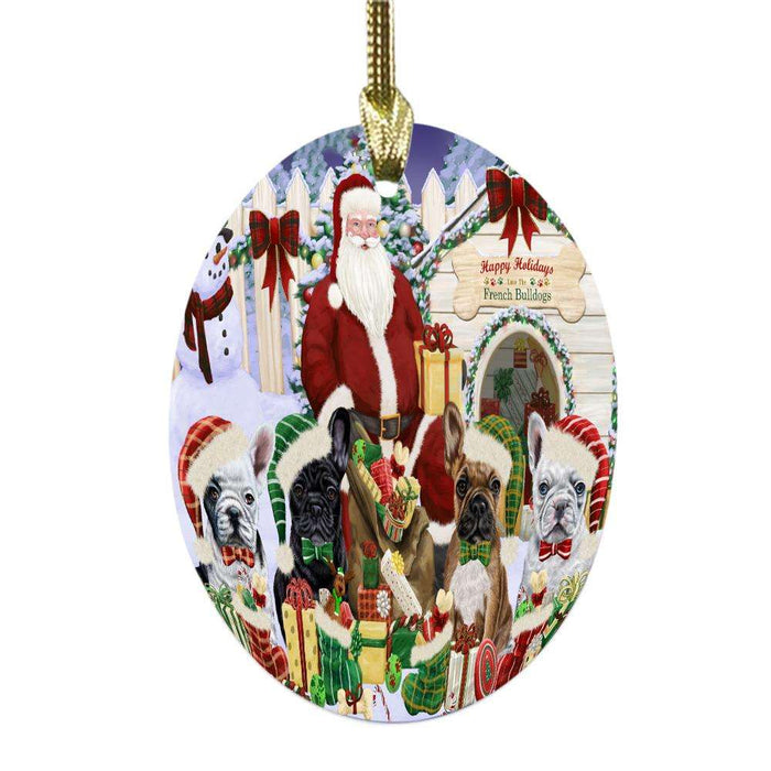 Happy Holidays Christmas French Bulldogs House Gathering Oval Glass Christmas Ornament OGOR49702