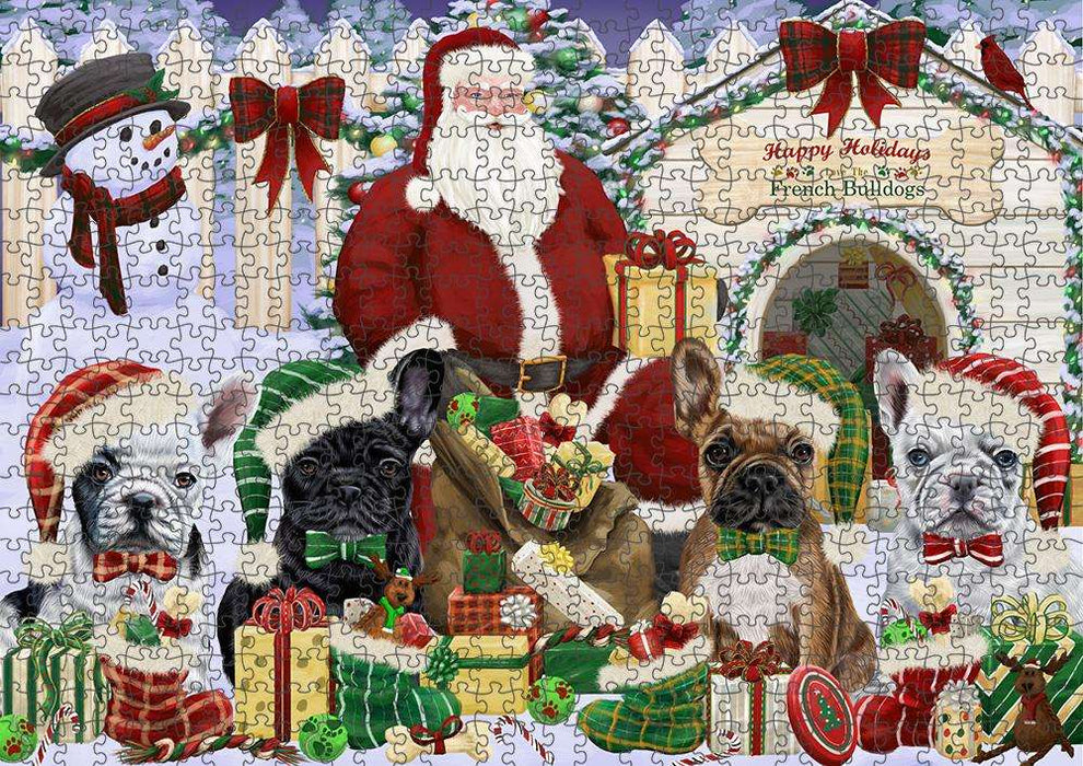 Happy Holidays Christmas French Bulldogs House Gathering Puzzle with Photo Tin PUZL58035