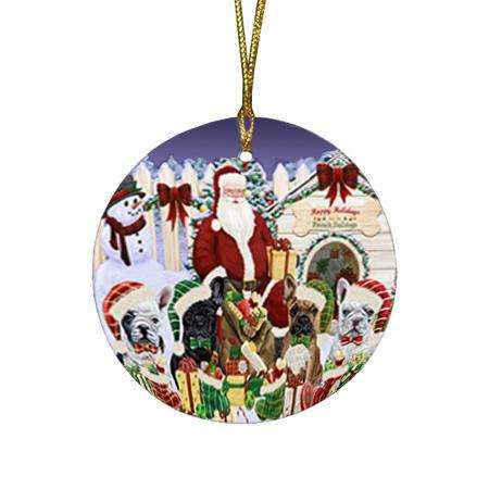 Happy Holidays Christmas French Bulldogs House Gathering Round Flat Christmas Ornament RFPOR51442