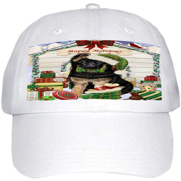 Happy Holidays Christmas German Shepherd Dog House with Presents Ball Hat Cap HAT57981