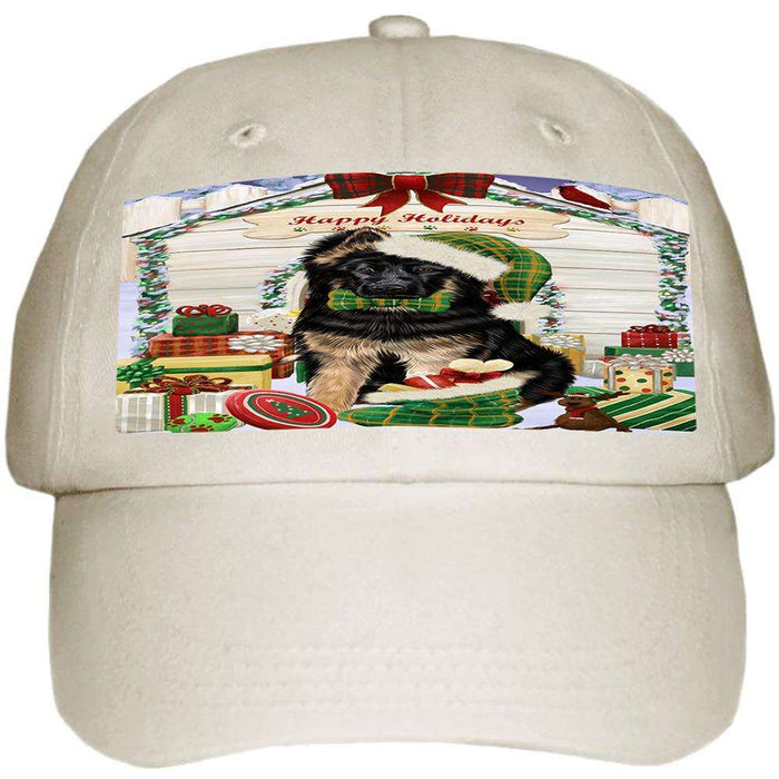 Happy Holidays Christmas German Shepherd Dog House with Presents Ball Hat Cap HAT57981