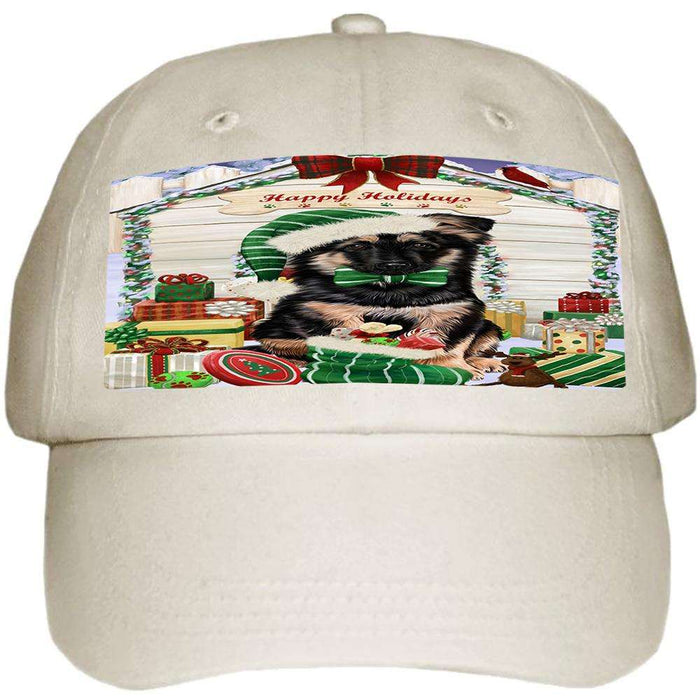 Happy Holidays Christmas German Shepherd Dog House with Presents Ball Hat Cap HAT57984