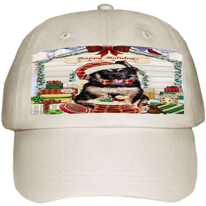 Happy Holidays Christmas German Shepherd Dog House with Presents Ball Hat Cap HAT57987
