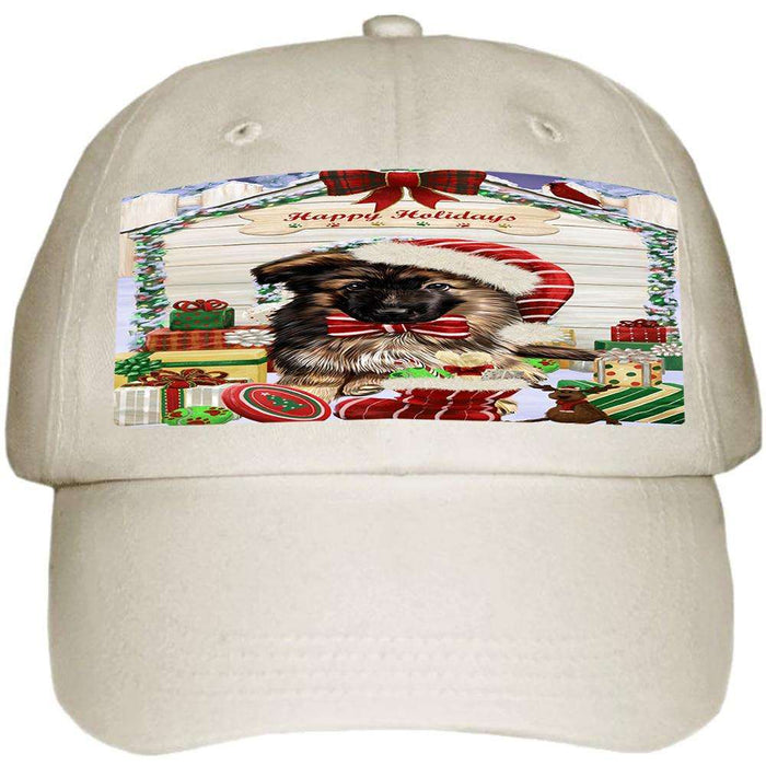 Happy Holidays Christmas German Shepherd Dog House with Presents Ball Hat Cap HAT57990