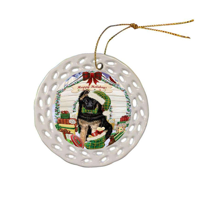 Happy Holidays Christmas German Shepherd Dog House with Presents Ceramic Doily Ornament DPOR51416