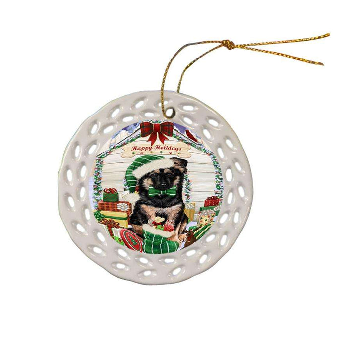 Happy Holidays Christmas German Shepherd Dog House with Presents Ceramic Doily Ornament DPOR51417