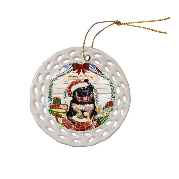 Happy Holidays Christmas German Shepherd Dog House with Presents Ceramic Doily Ornament DPOR51418