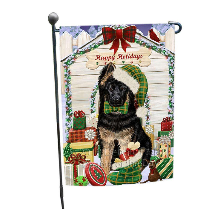 Happy Holidays Christmas German Shepherd Dog House with Presents Garden Flag GFLG51428