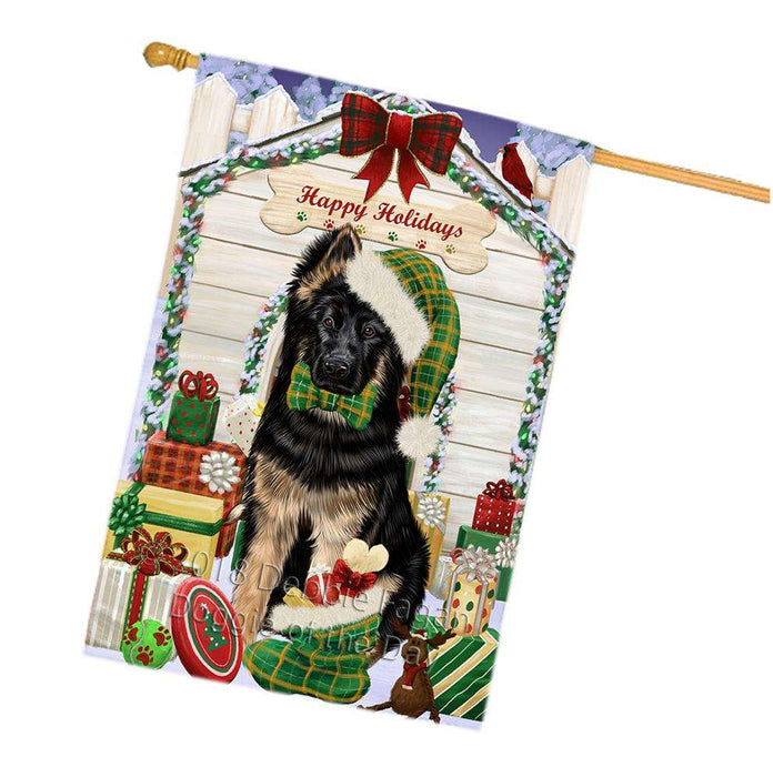 Happy Holidays Christmas German Shepherd Dog House with Presents House Flag FLG51489