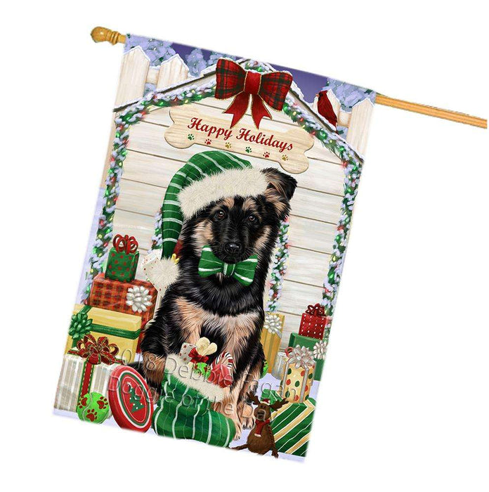 Happy Holidays Christmas German Shepherd Dog House with Presents House Flag FLG51490