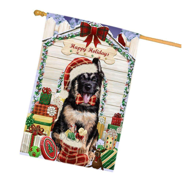 Happy Holidays Christmas German Shepherd Dog House with Presents House Flag FLG51491