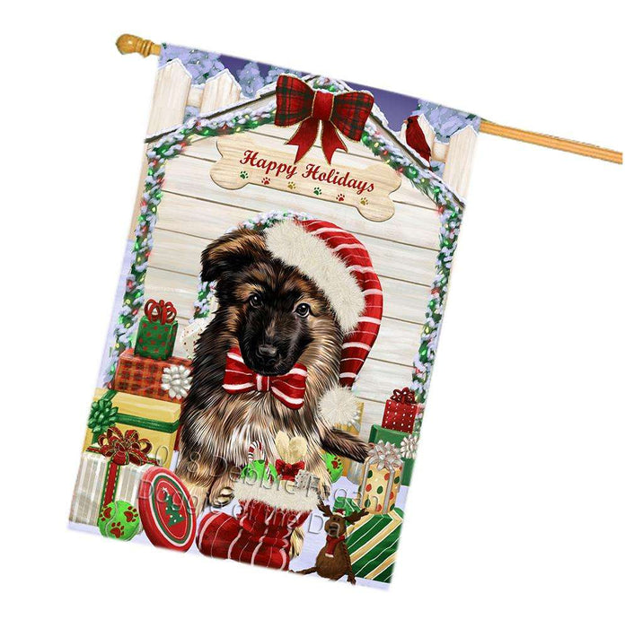 Happy Holidays Christmas German Shepherd Dog House with Presents House Flag FLG51492