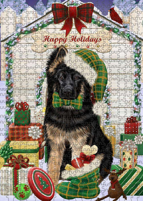 Happy Holidays Christmas German Shepherd Dog House with Presents Puzzle with Photo Tin PUZL58155