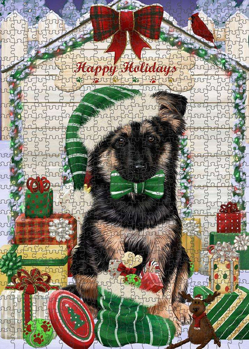 Happy Holidays Christmas German Shepherd Dog House with Presents Puzzle with Photo Tin PUZL58158