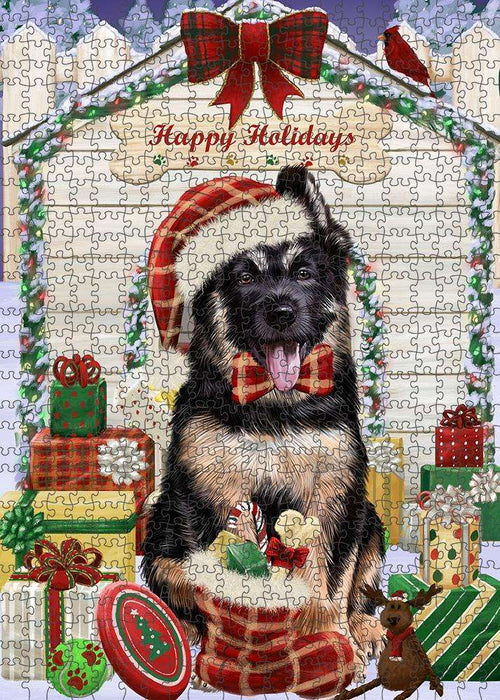 Happy Holidays Christmas German Shepherd Dog House with Presents Puzzle with Photo Tin PUZL58161