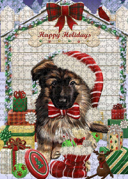 Happy Holidays Christmas German Shepherd Dog House with Presents Puzzle with Photo Tin PUZL58164