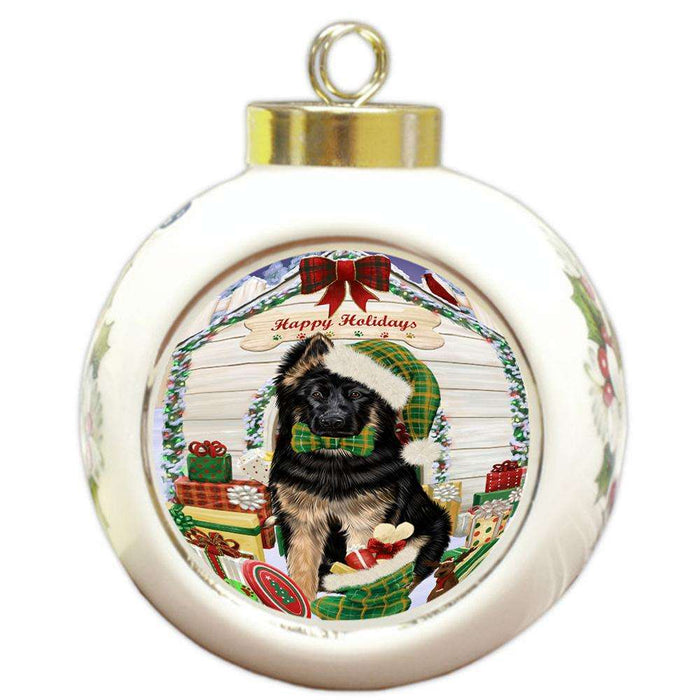Happy Holidays Christmas German Shepherd Dog House with Presents Round Ball Christmas Ornament RBPOR51416